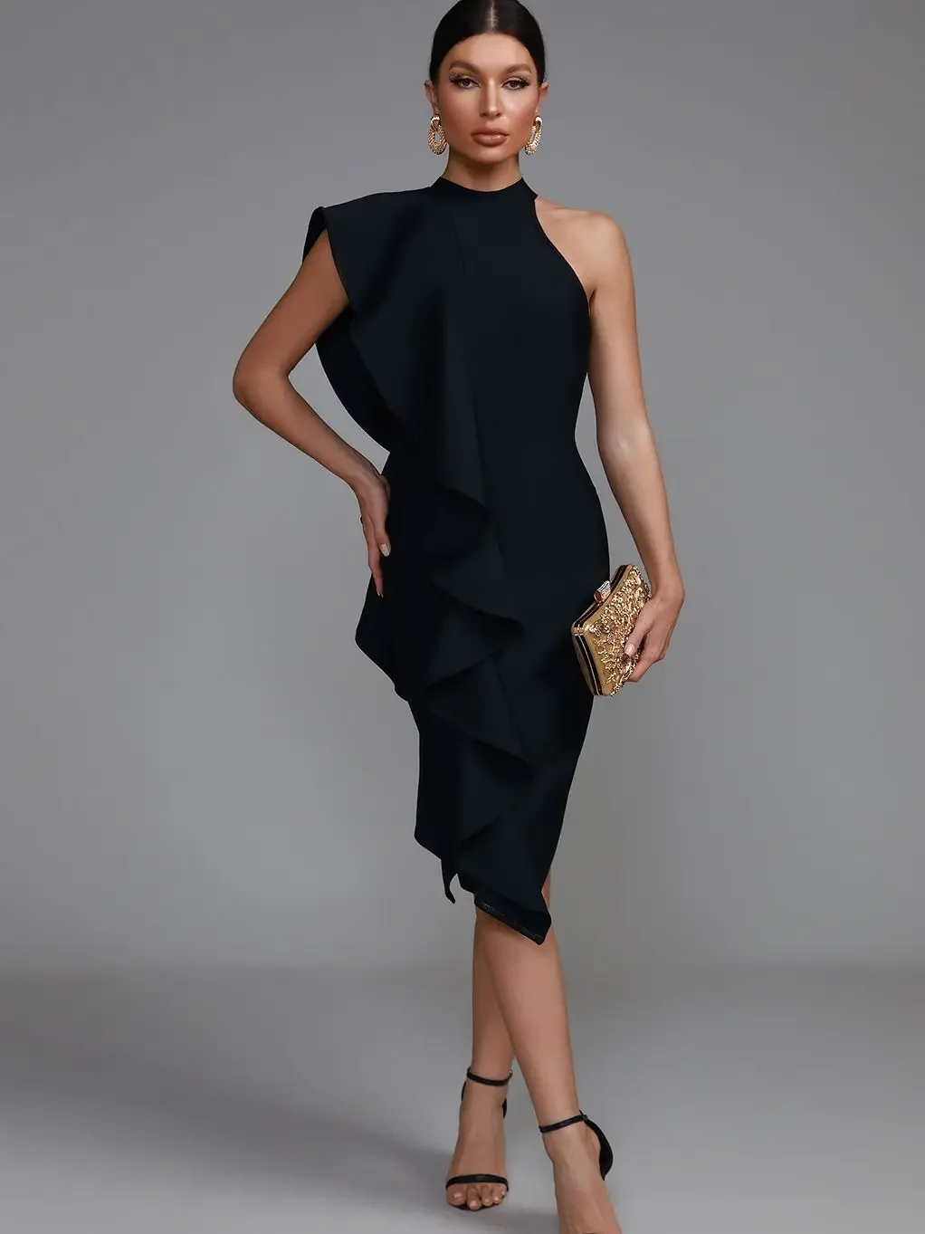 Black Bandage Dress Women Elegant Party Dress Bodycon Ruffle Midi Sexy Evening Birthday Club Outfits Summer